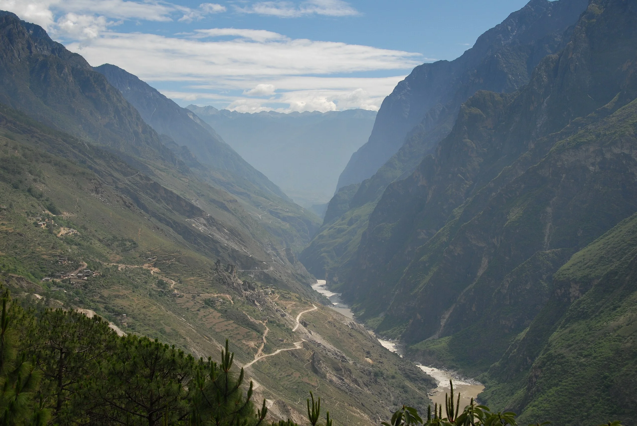 Steep mountain slopes of Tiger Leaping Gorge in Yunnan