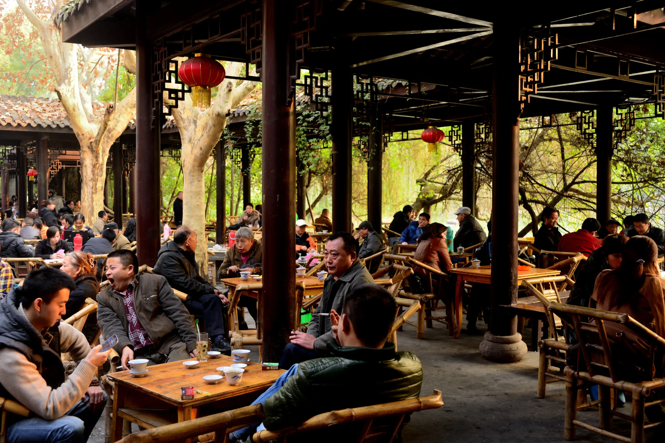 An open-air teahouse in Peoples Park in Chengdu