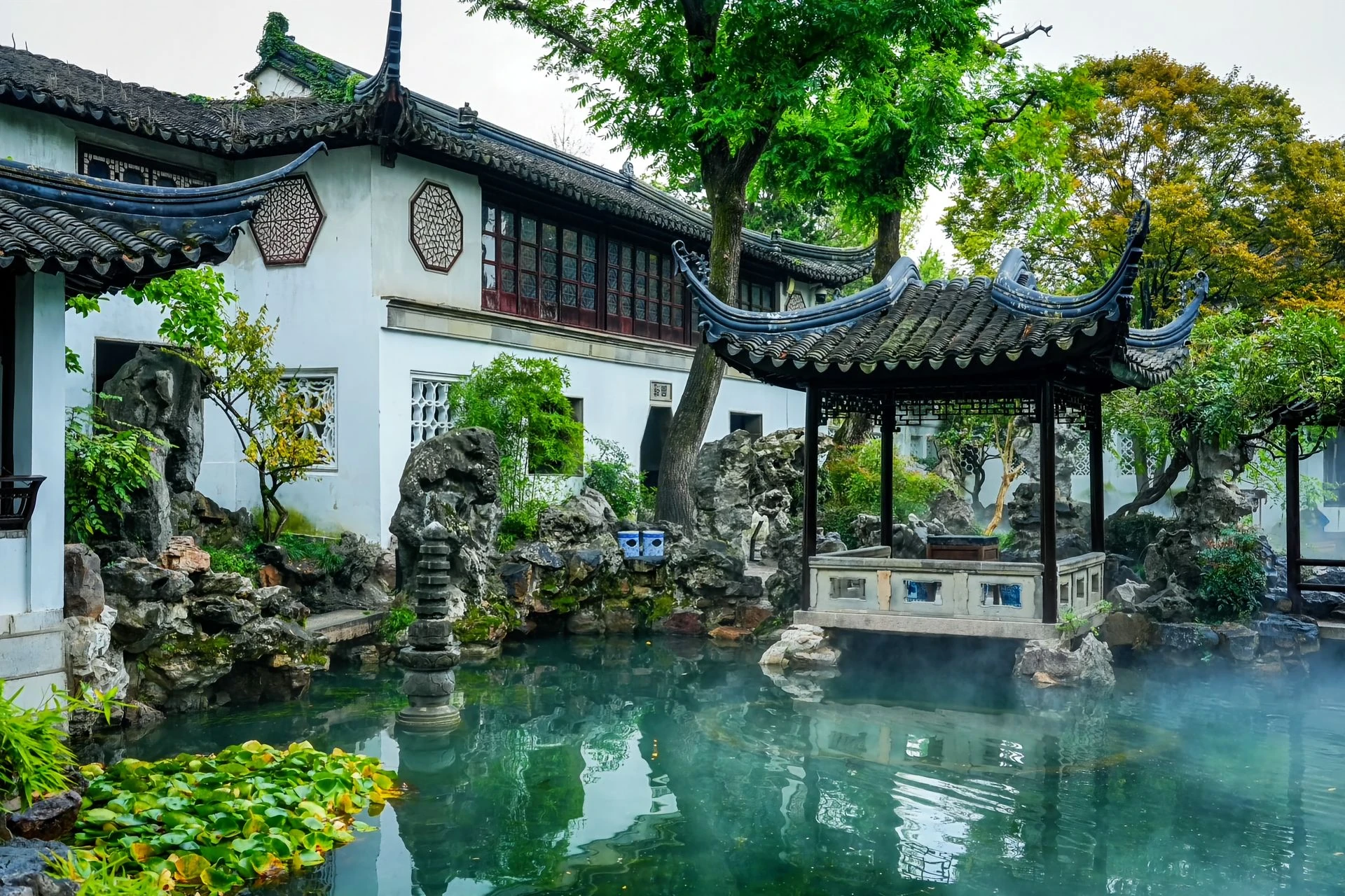 Traditional waterside pavilion in Suzhou Humble Administrator’s Garden